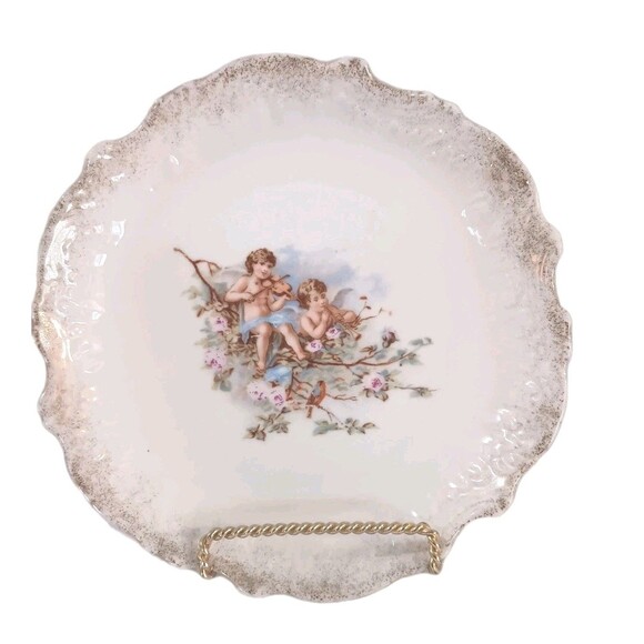 Vintage hand painted porcelain plate Two Cherubs  Amidst Branches & Flowers - Picture 1 of 9